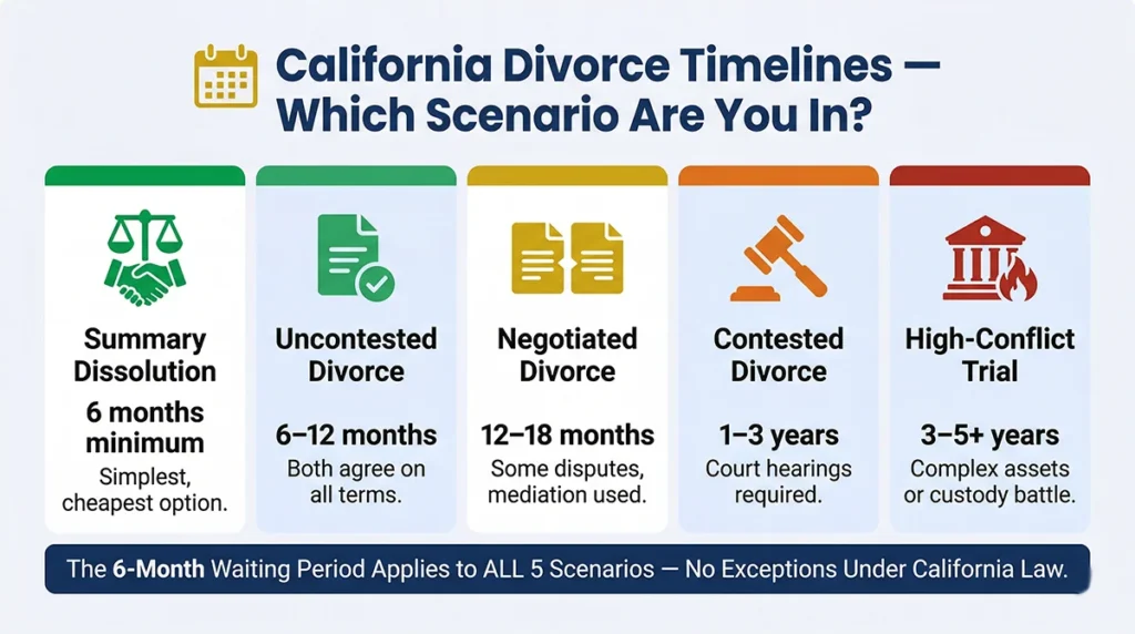 California divorce timeline scenarios comparison