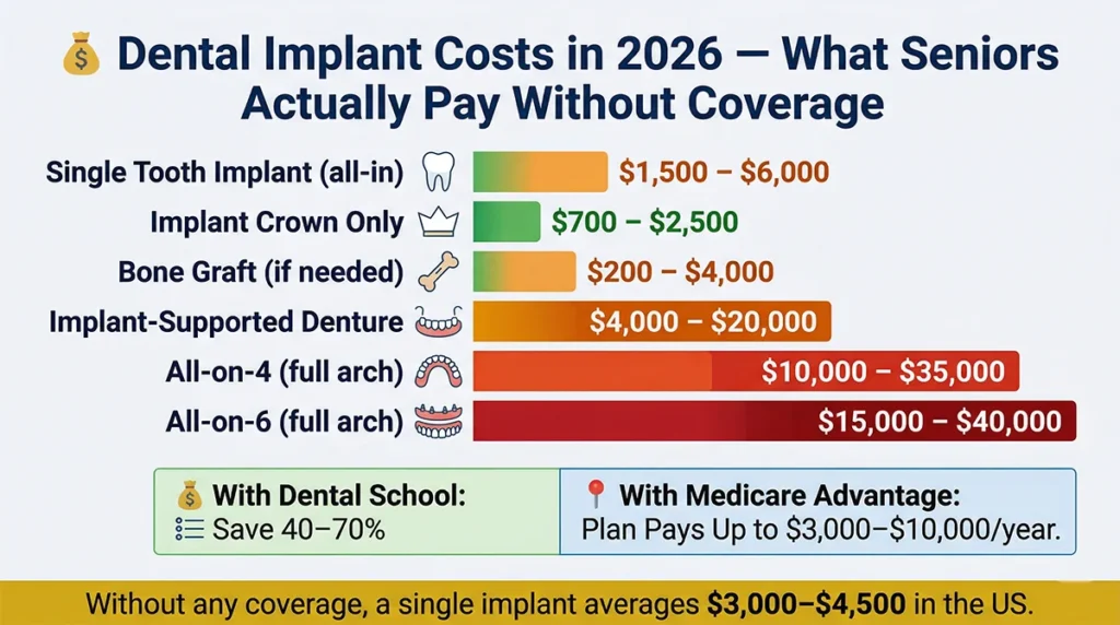Dental implant cost 2026 without Medicare coverage