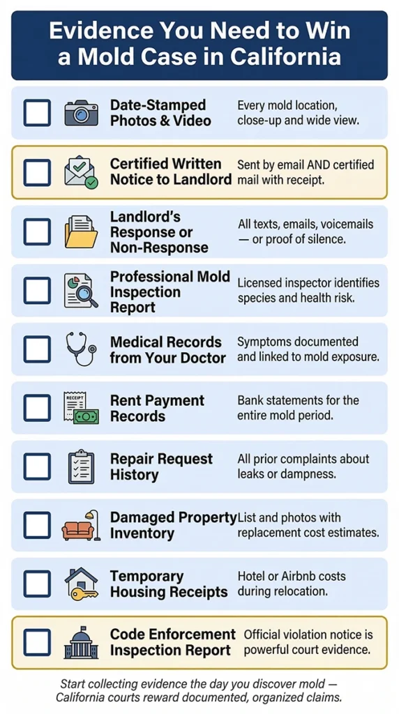 Evidence needed to win landlord mold lawsuit California