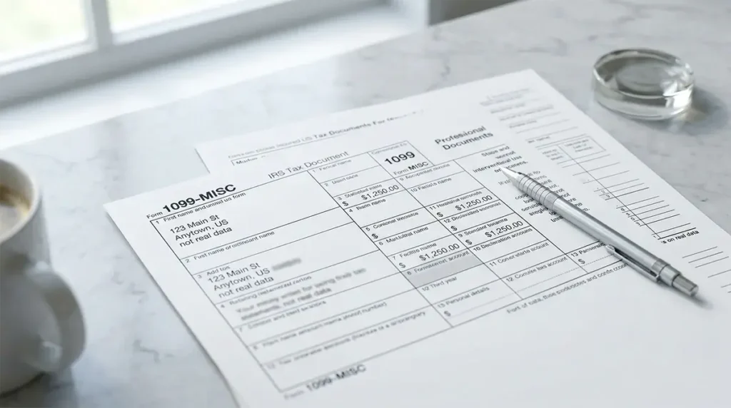 Form 1099-MISC and IRS tax documents for a personal injury settlement on a desk with a pen and calculator