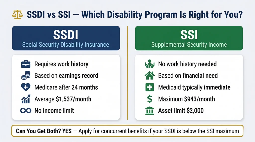 SSDI vs SSI difference comparison 2026